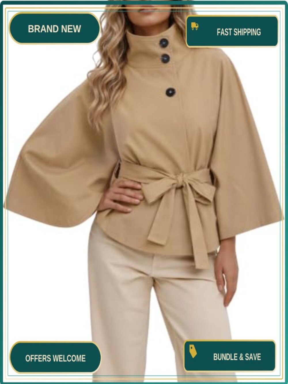 Cropped Cape Trench Coat Belted Stand Collar Loose Fit Fall Outerwear